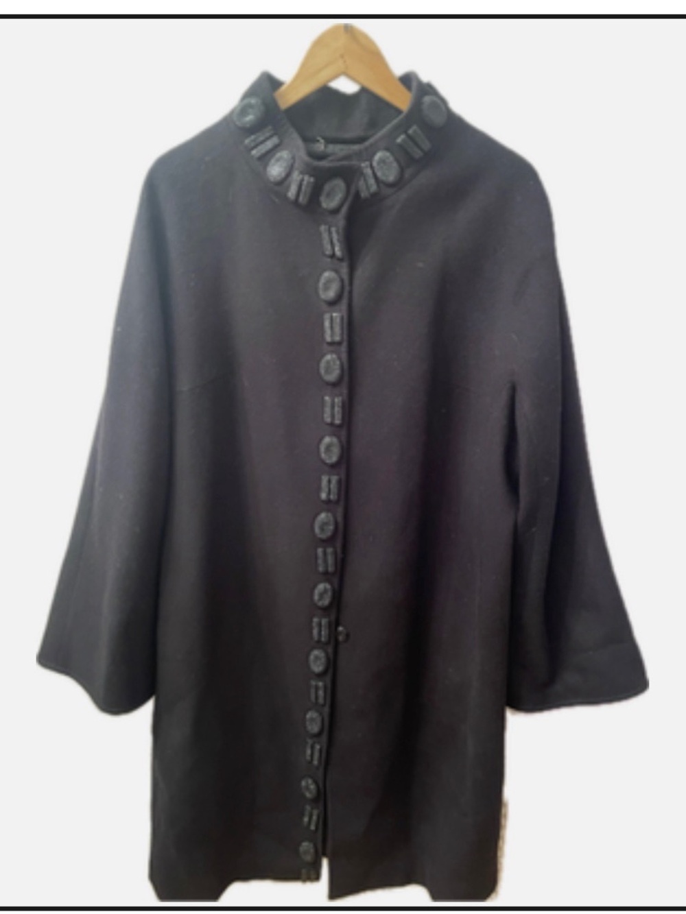 Black Wool Button-Front Cape Coat